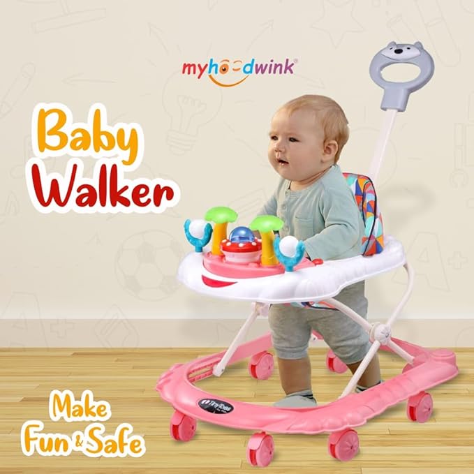 Activity Baby Walker Toy with Music & Lights for Kids, Parental Handle and Stopper for 6-18 Months Old Boys & Girls Multifunctional & Adjustable (Pink) (Copy)