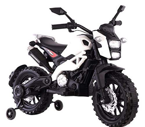 DLS-01 Battery Operated Ride On Bike for Kids with Lights and Supporting Wheels (White)