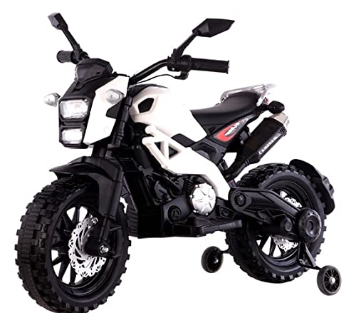 DLS-01 Battery Operated Ride On Bike for Kids with Lights and Supporting Wheels (White)